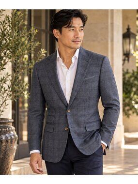 Indochino Men’s 40R Blue Gray Plaid 100% Wool Blazer Sport Coat Tailored